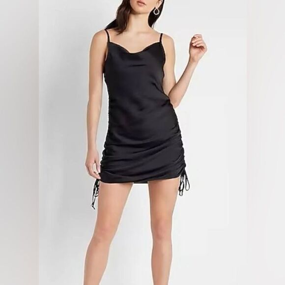 NWT Express Black Cowl Neck Ruched Side Tie Mini Slip Dress Size Small - Picture 4 of 16